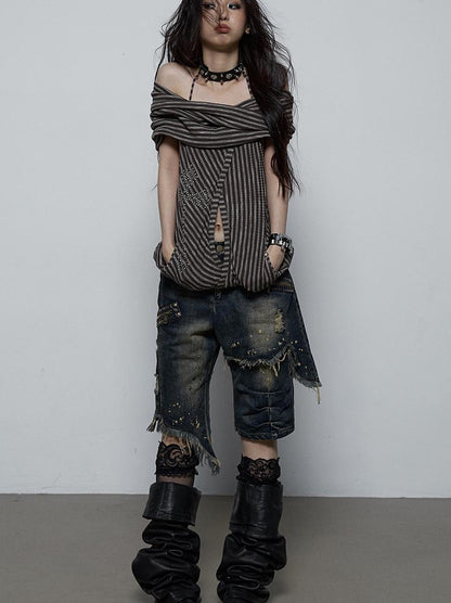 NO ROMANCE Vintage Distressed Off-Shoulder Hooded Backless Top