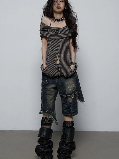 Vintage Distressed Off-Shoulder Hooded Backless Top