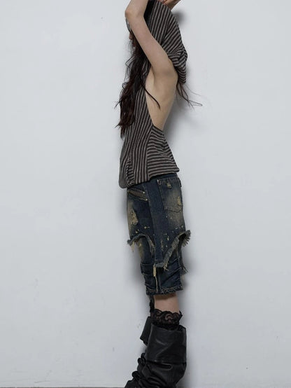 Vintage Distressed Off-Shoulder Hooded Backless Top