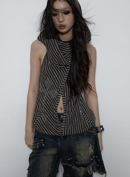 NO ROMANCE Vintage Distressed Off-Shoulder Hooded Backless Top