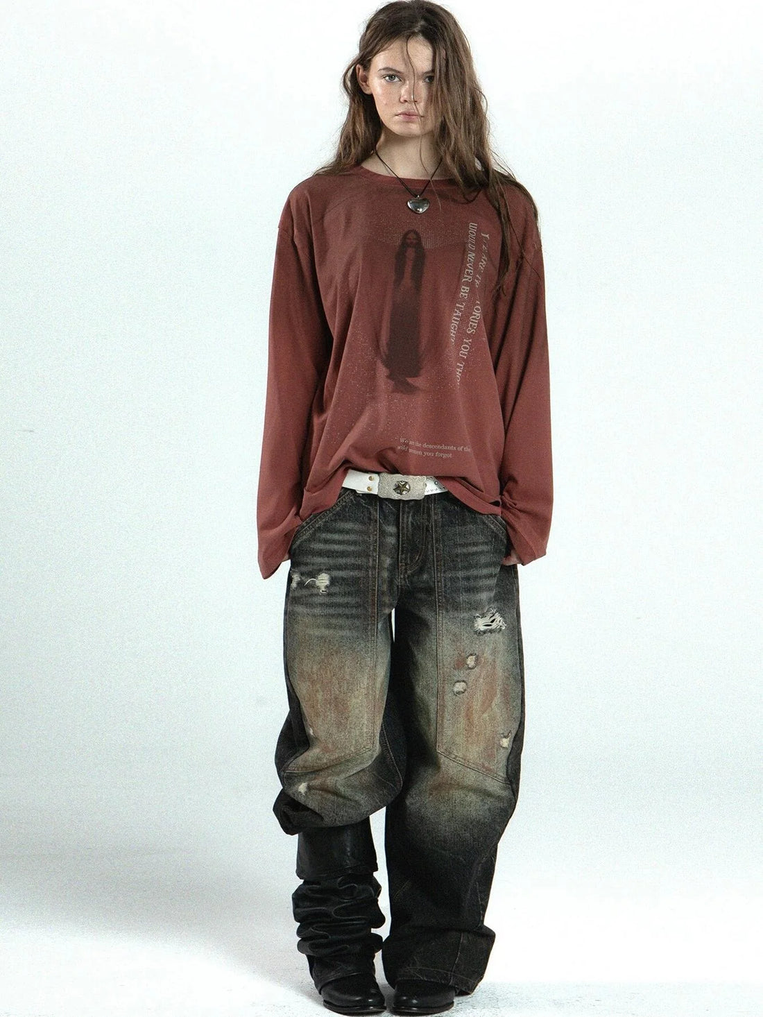 Vintage Distressed Print Basic Round Neck Long Sleeve T-Shirt