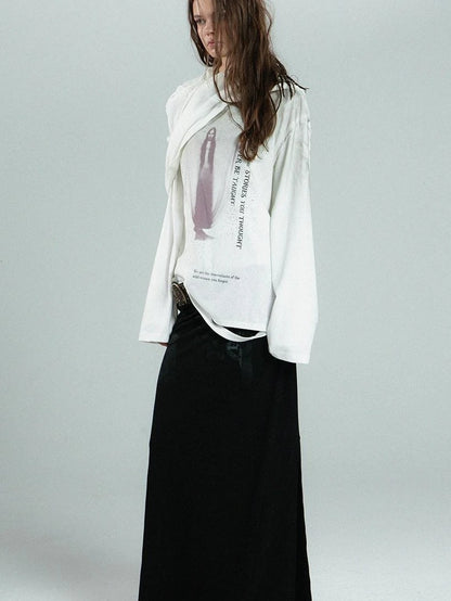 Vintage Distressed Print Basic Round Neck Long Sleeve T-Shirt