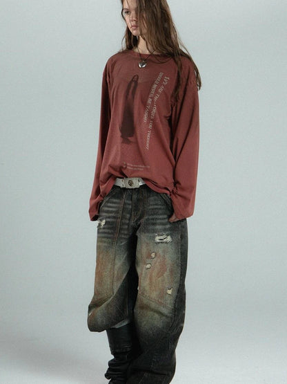 Vintage Distressed Print Basic Round Neck Long Sleeve T-Shirt