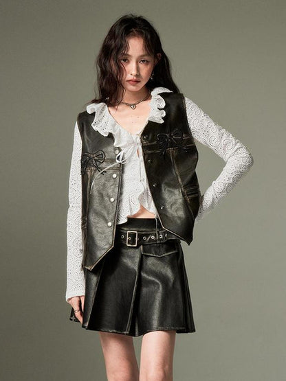 DIDDI MODA Vintage Distressed Pu Pleated Skirt With Studded Belt
