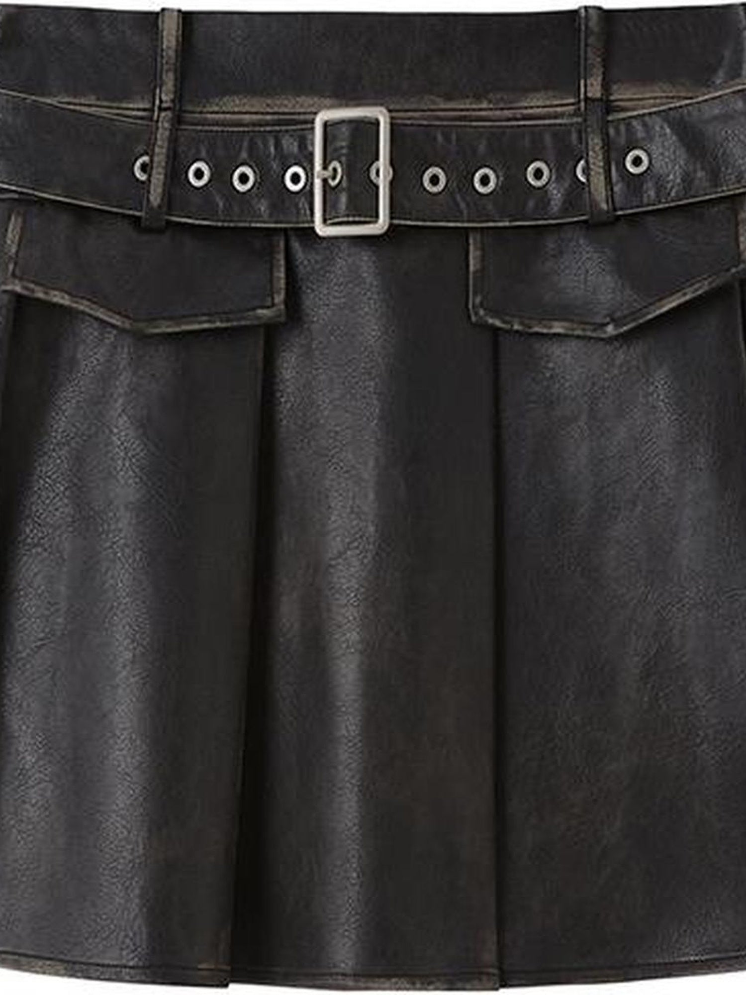 DIDDI MODA Vintage Distressed Pu Pleated Skirt With Studded Belt
