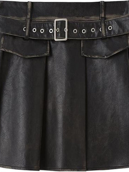 DIDDI MODA Vintage Distressed Pu Pleated Skirt With Studded Belt
