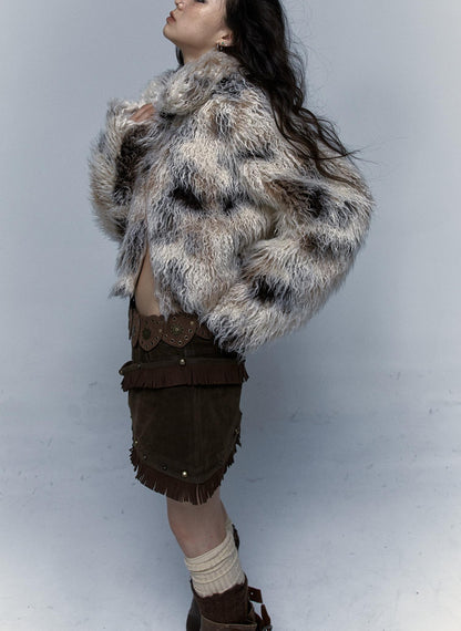 Vintage Distressed Short Fuzzy Jacket Eco Faux Fur Coat