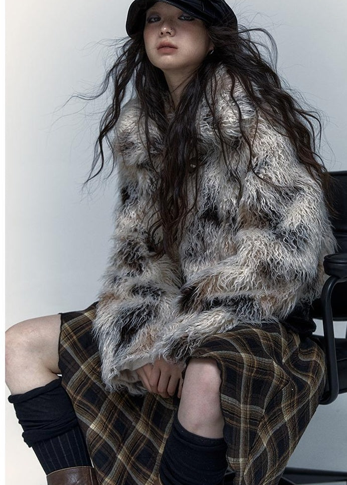 Vintage Distressed Short Fuzzy Jacket Eco Faux Fur Coat