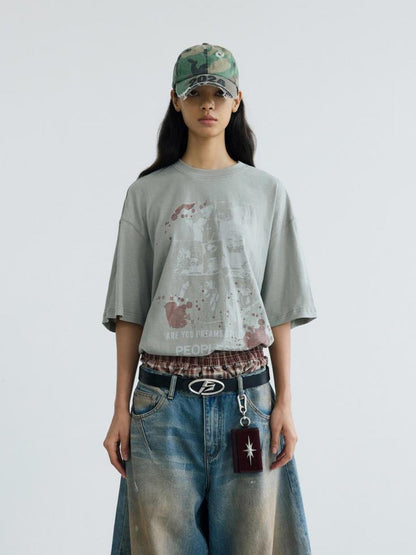 Peoplesense Vintage Distressed White Ink Print Loose Cotton Tee