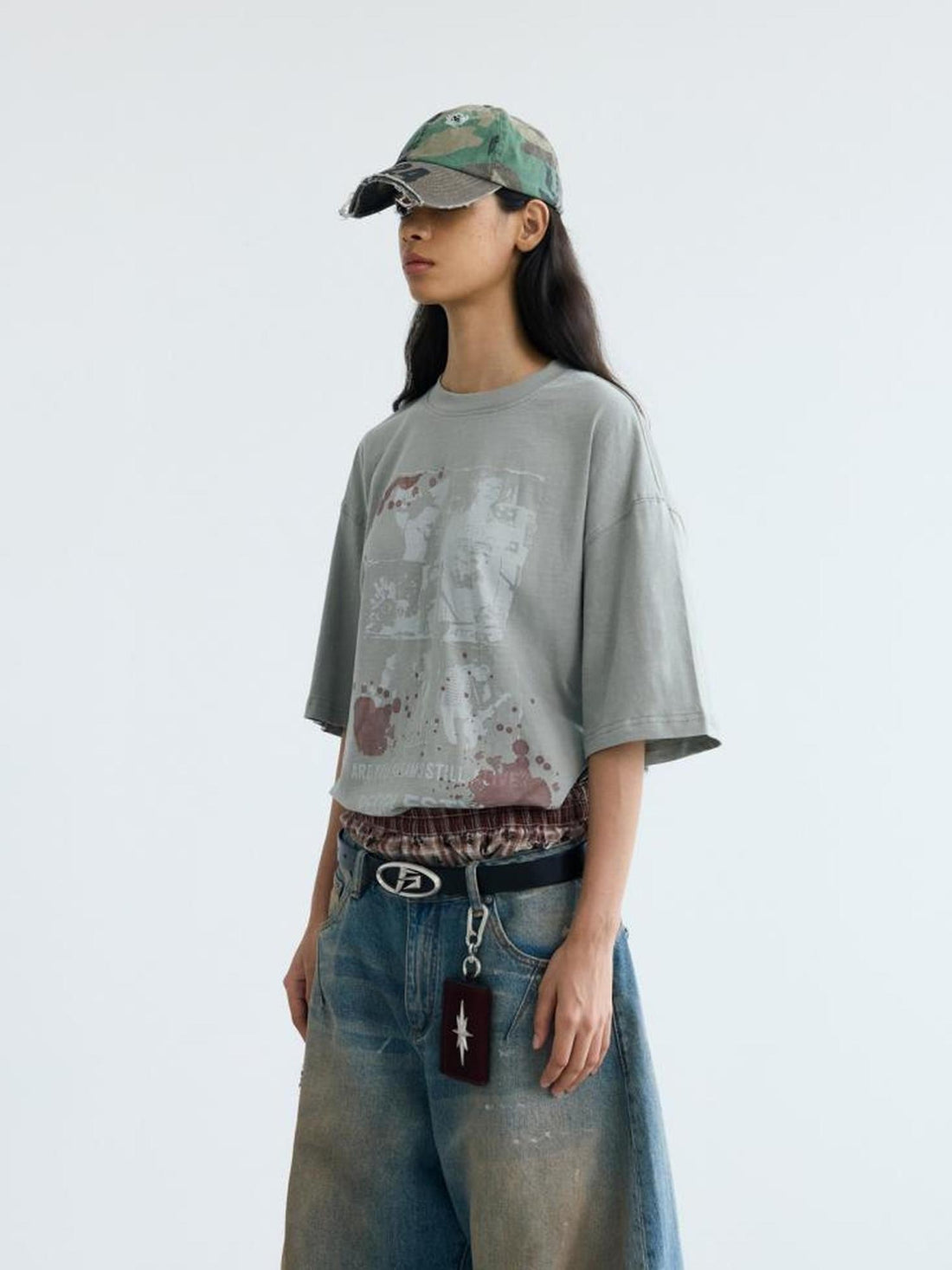 Peoplesense Vintage Distressed White Ink Print Loose Cotton Tee