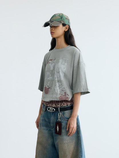 Peoplesense Vintage Distressed White Ink Print Loose Cotton Tee