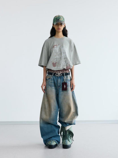Peoplesense Vintage Distressed White Ink Print Loose Cotton Tee