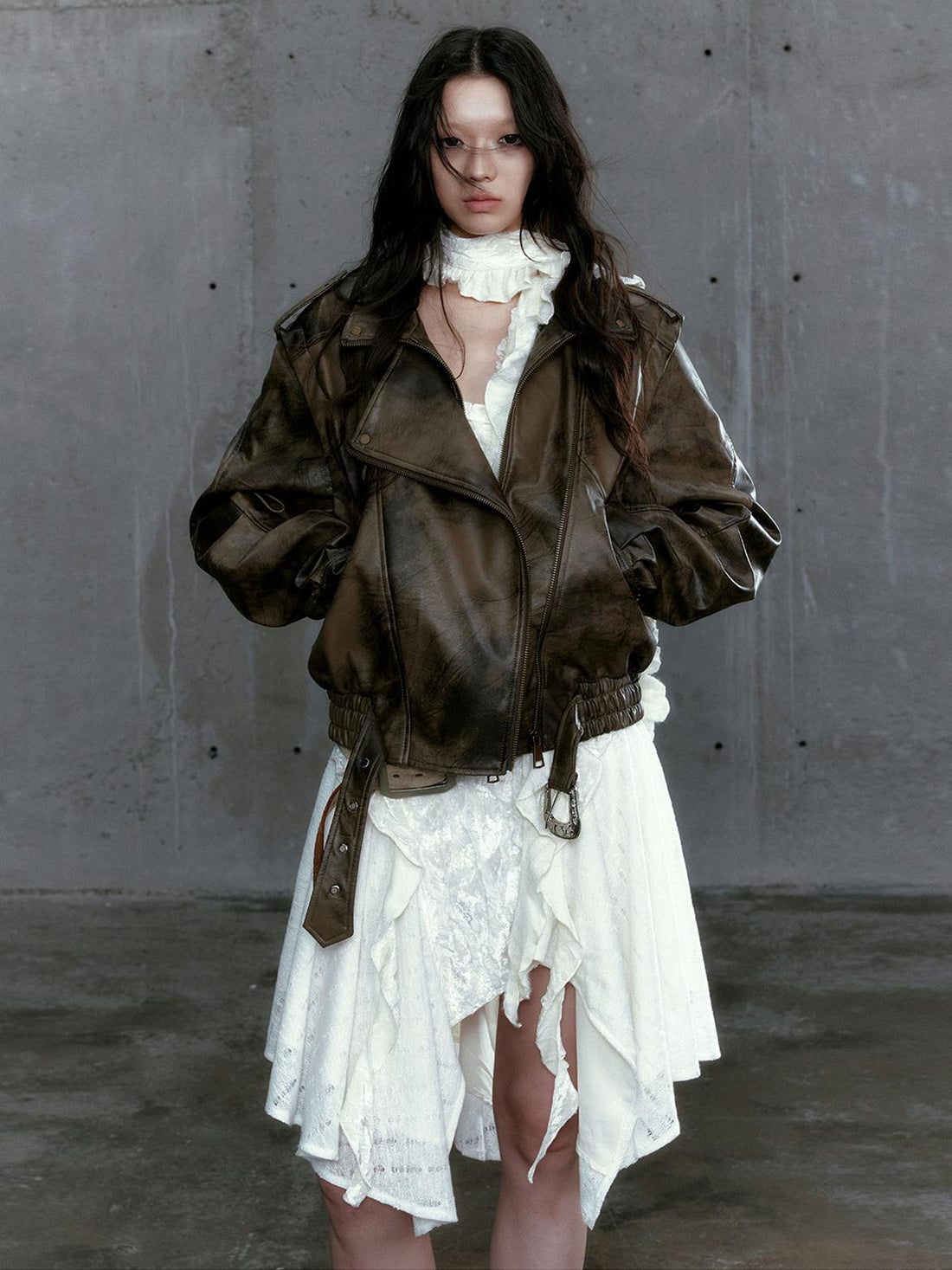 Vintage Distressed Zip-Up Leather Jacket for Women