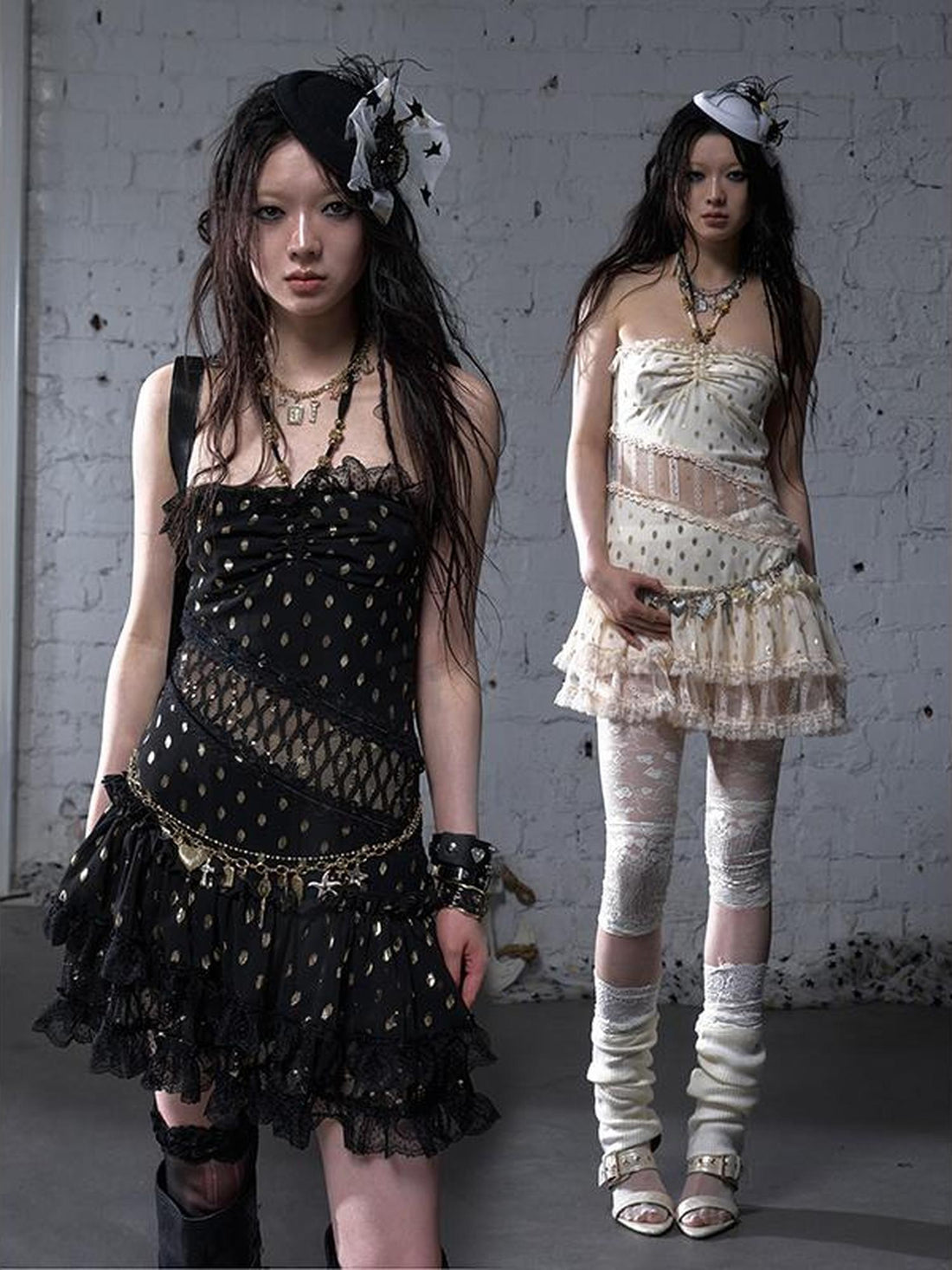 NO ROMANCE Vintage Dot Gold Lace Halter Bustier Dress
