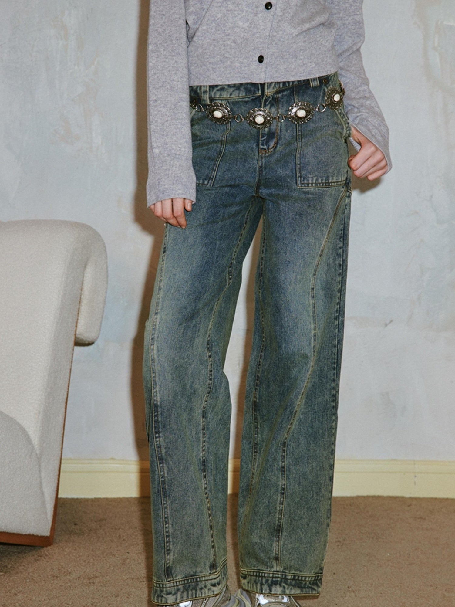 DIDDI MODA Vintage Double Waist Relaxed Straight Jeans