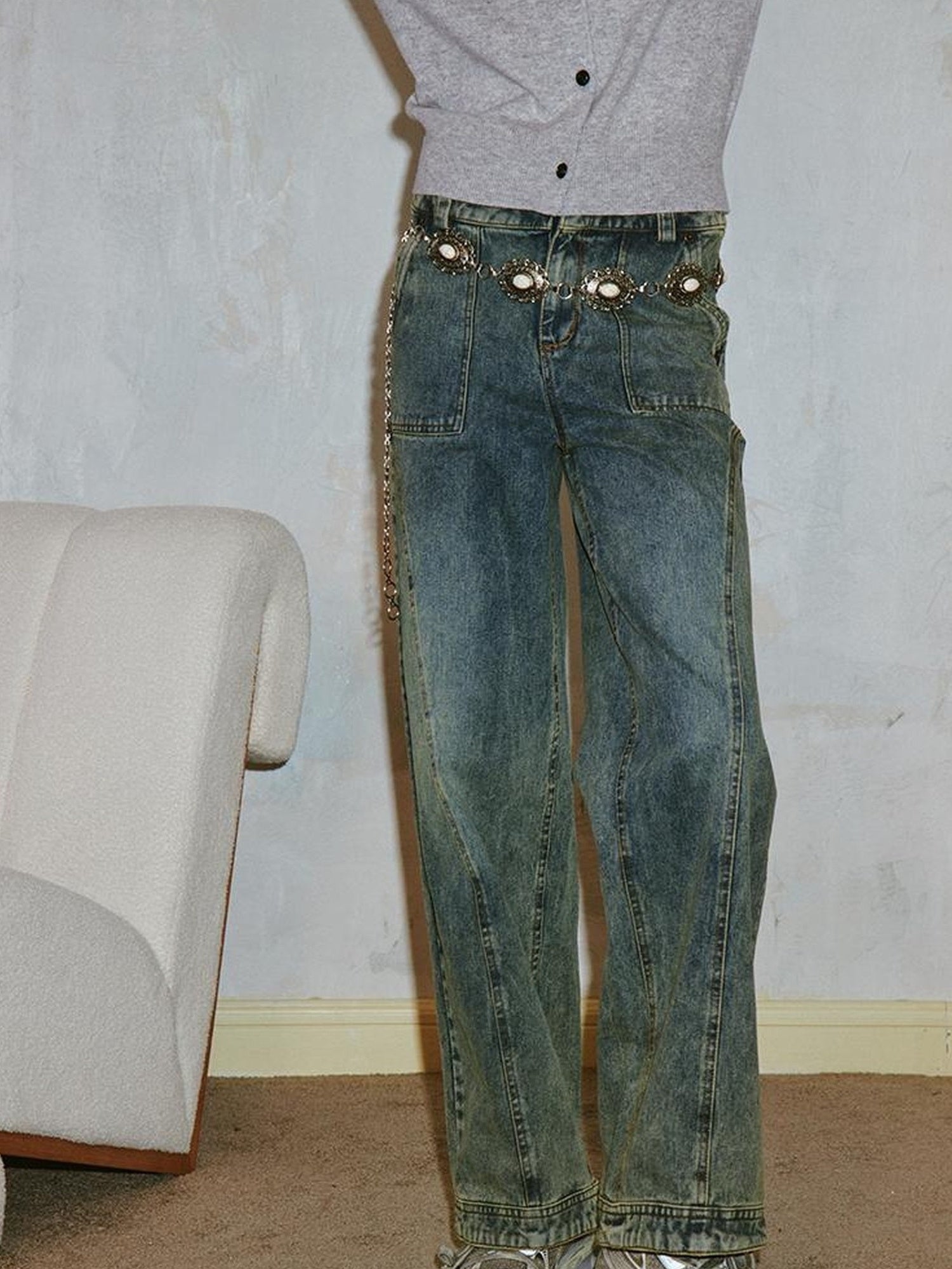 DIDDI MODA Vintage Double Waist Relaxed Straight Jeans