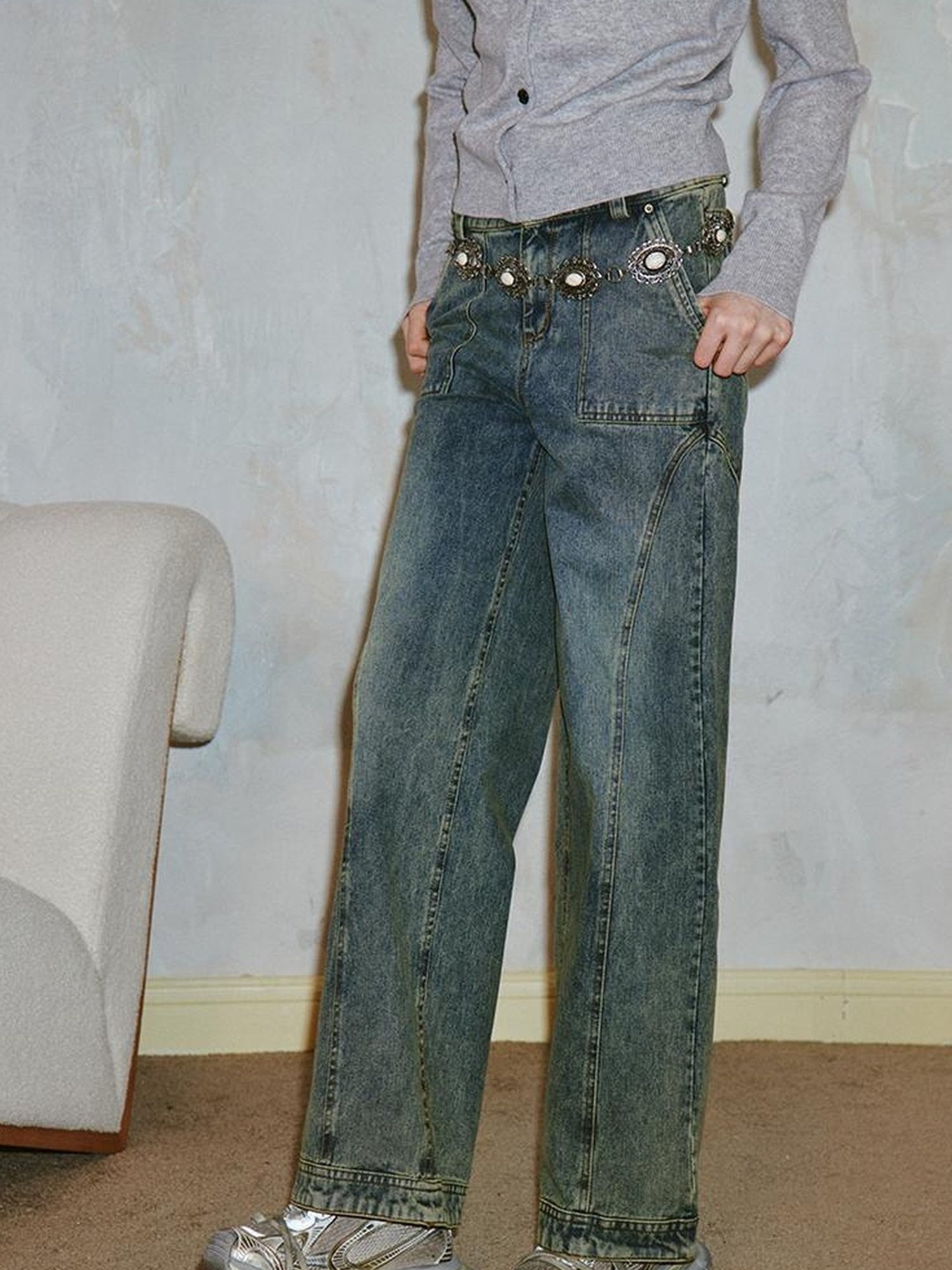 DIDDI MODA Vintage Double Waist Relaxed Straight Jeans
