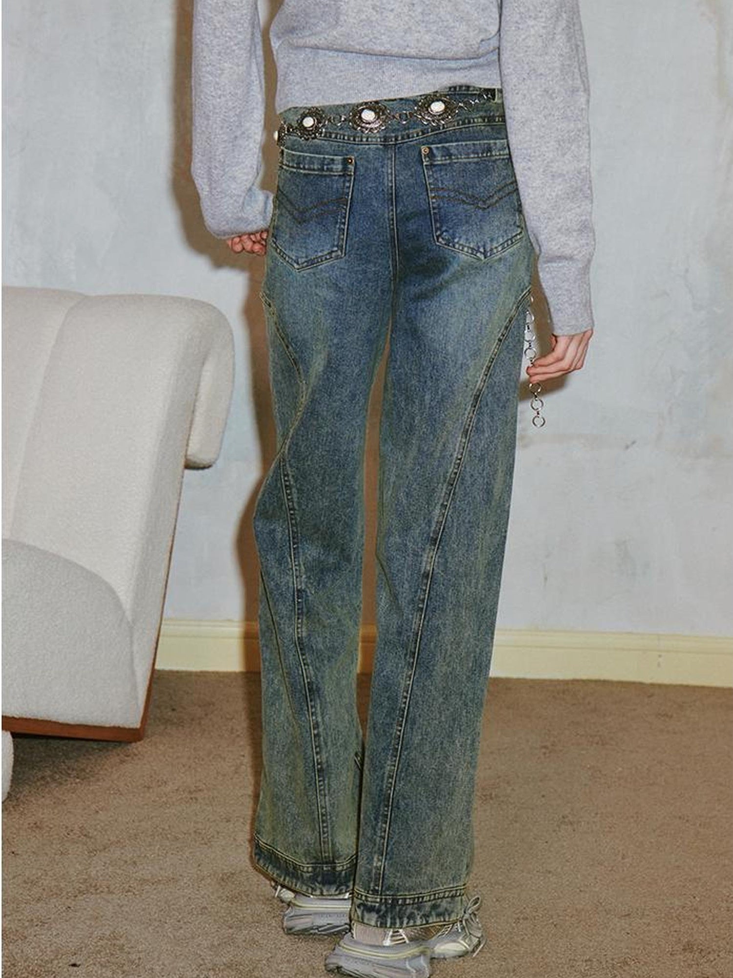 DIDDI MODA Vintage Double Waist Relaxed Straight Jeans
