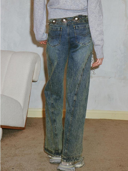 DIDDI MODA Vintage Double Waist Relaxed Straight Jeans