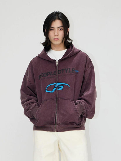 Peoplesense Vintage Embroidered 480g Washed Zip Hoodie Unisex