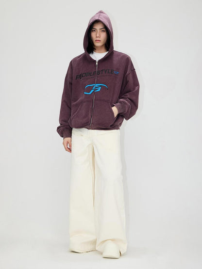 Peoplesense Vintage Embroidered 480g Washed Zip Hoodie Unisex