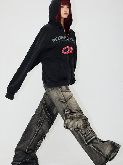Peoplesense Vintage Embroidered 480g Washed Zip Hoodie Unisex