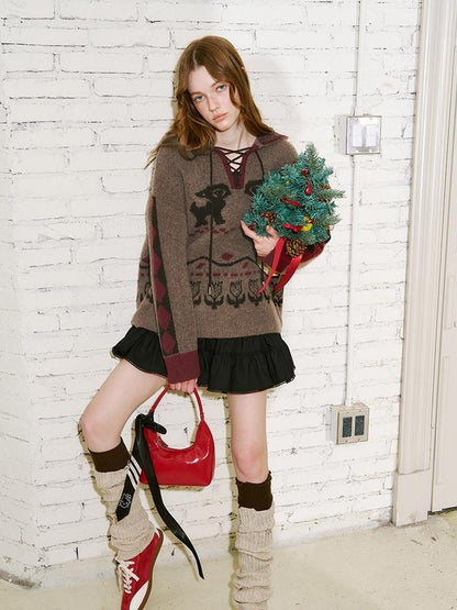 DIDDI MODA Vintage Fair Isle Hooded Knit Sweater