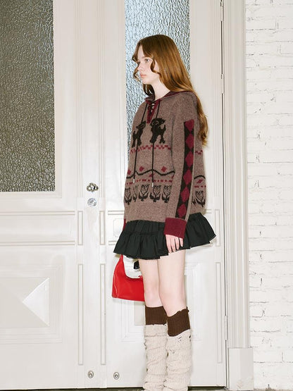 DIDDI MODA Vintage Fair Isle Hooded Knit Sweater