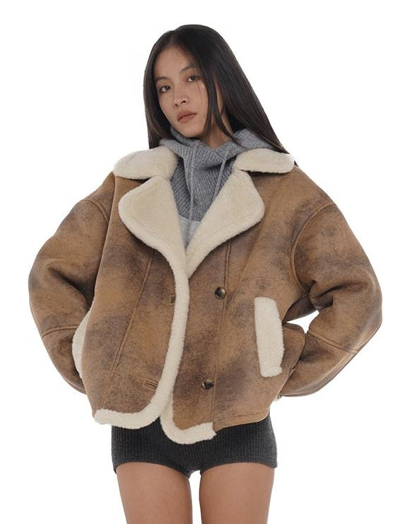 Vintage Faux Fur Collar Jacket Short Coat