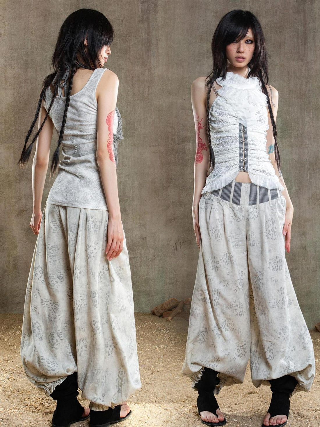 ARIADNAw Vintage Fishbone Embellished Low Rise Wide Leg Lantern Pants