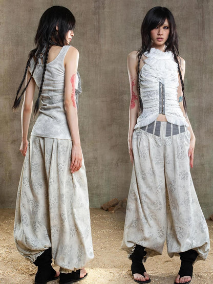 Vintage Fishbone Embellished Low Rise Wide Leg Lantern Pants