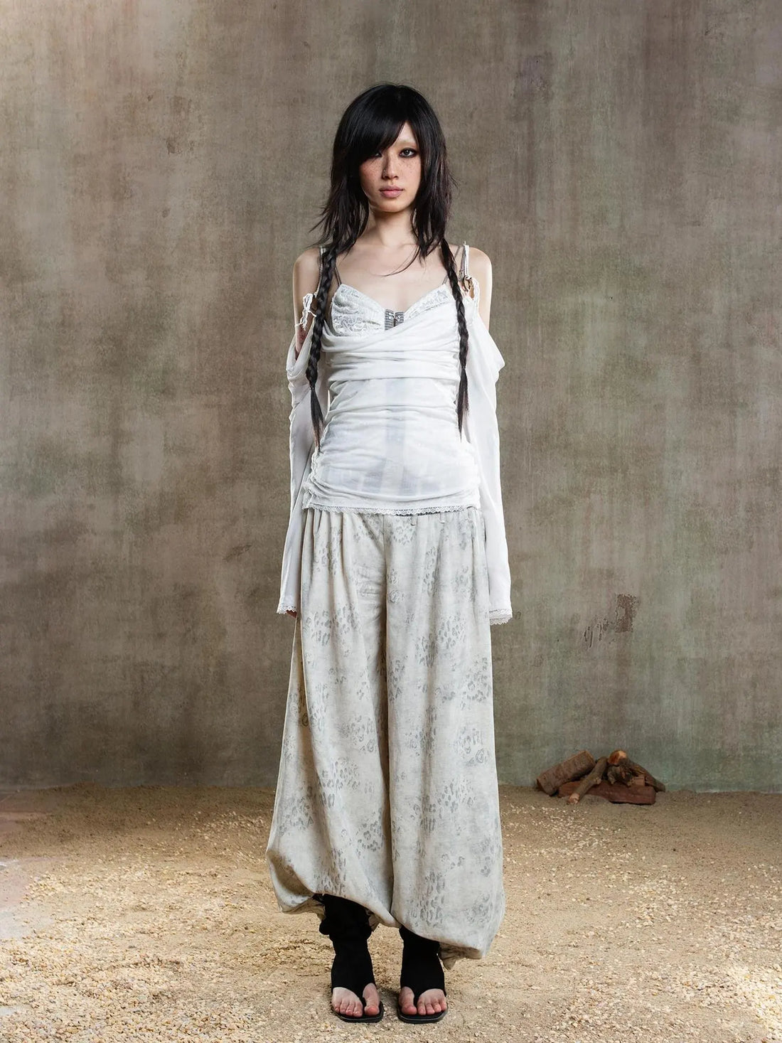 Vintage Fishbone Embellished Low Rise Wide Leg Lantern Pants