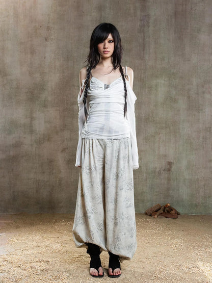 Vintage Fishbone Embellished Low Rise Wide Leg Lantern Pants