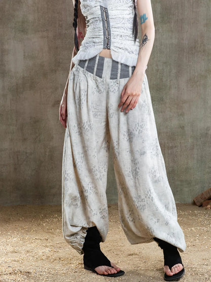 Vintage Fishbone Embellished Low Rise Wide Leg Lantern Pants