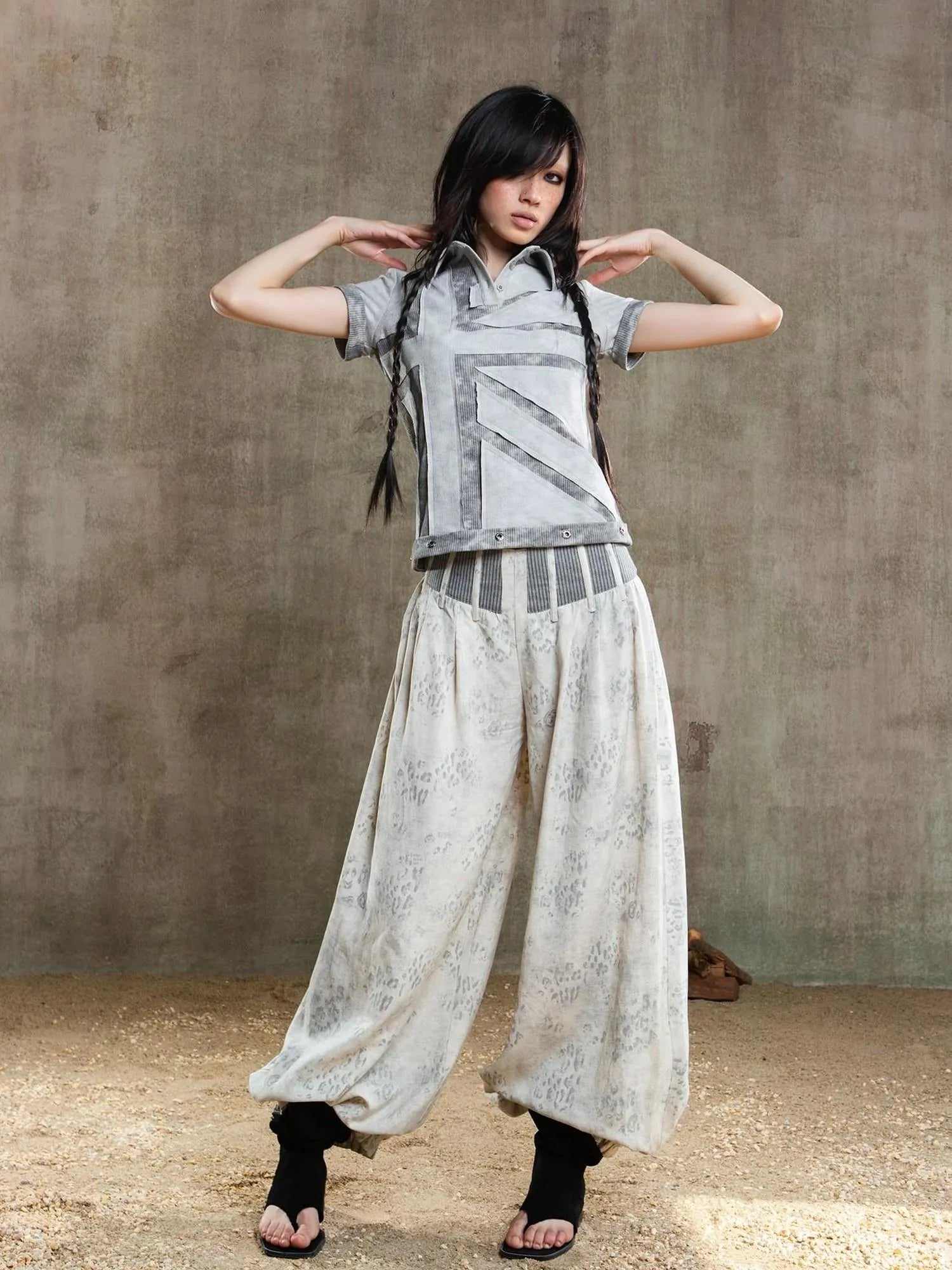 Vintage Fishbone Embellished Low Rise Wide Leg Lantern Pants