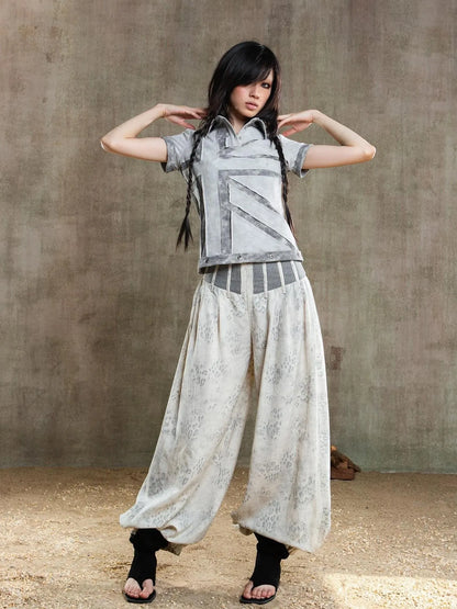 Vintage Fishbone Embellished Low Rise Wide Leg Lantern Pants