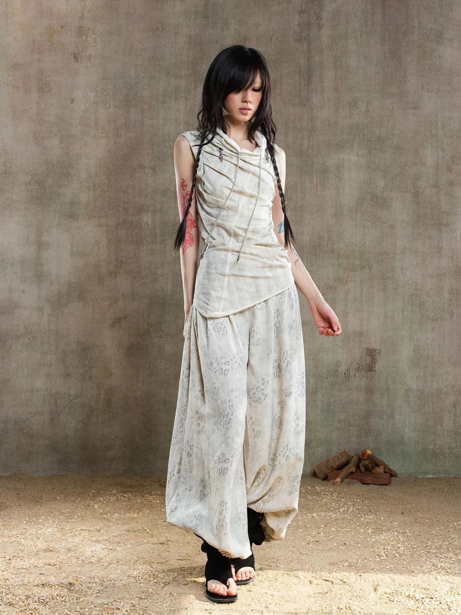 Vintage Fishbone Embellished Low Rise Wide Leg Lantern Pants