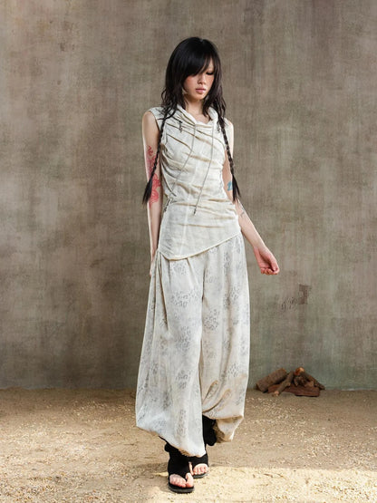 Vintage Fishbone Embellished Low Rise Wide Leg Lantern Pants