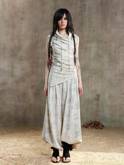 Vintage Fishbone Embellished Low Rise Wide Leg Lantern Pants