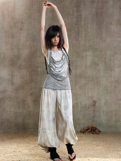 ARIADNAw Vintage Fishbone Embellished Low Rise Wide Leg Lantern Pants