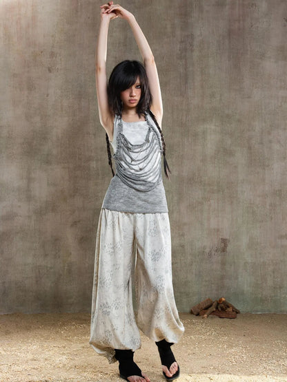 Vintage Fishbone Embellished Low Rise Wide Leg Lantern Pants