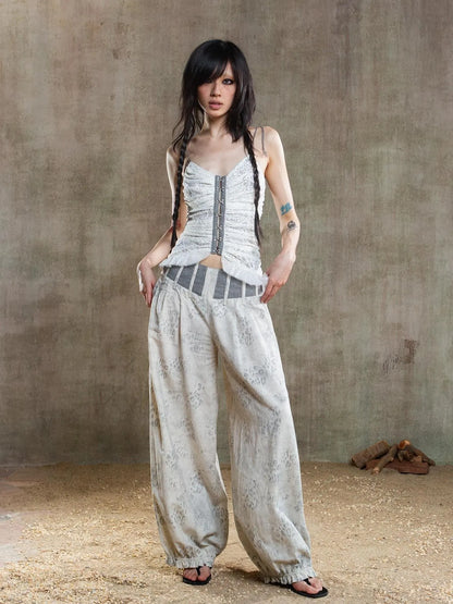 Vintage Fishbone Embellished Low Rise Wide Leg Lantern Pants