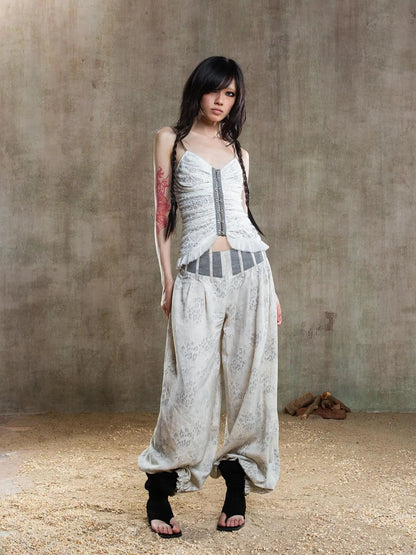 Vintage Fishbone Embellished Low Rise Wide Leg Lantern Pants