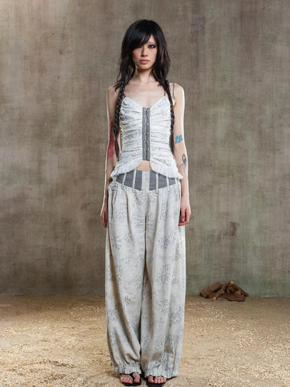 Vintage Fishbone Embellished Low Rise Wide Leg Lantern Pants