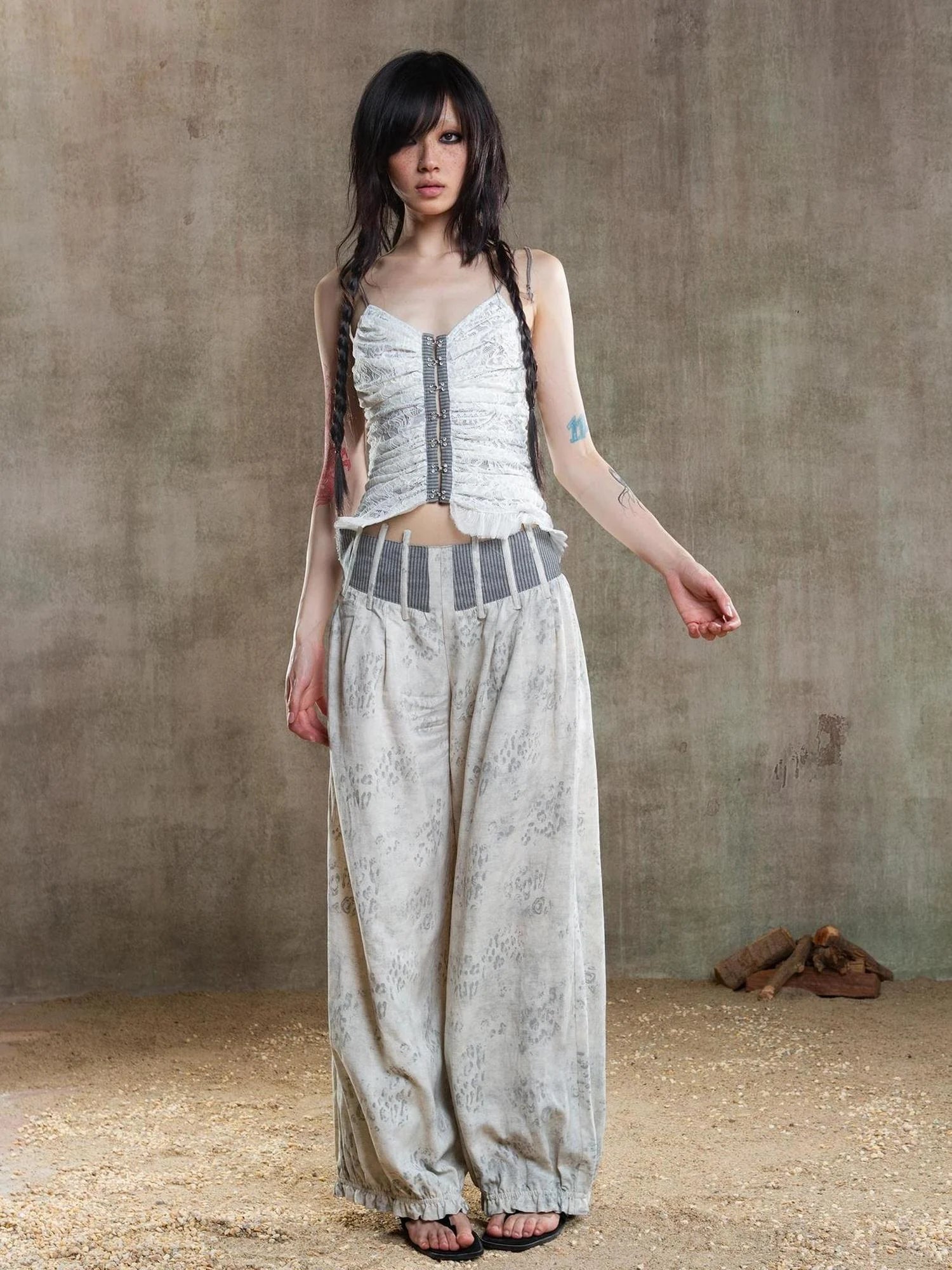 Vintage Fishbone Embellished Low Rise Wide Leg Lantern Pants