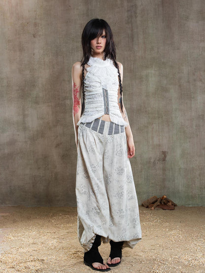 ARIADNAw Vintage Fishbone Embellished Low Rise Wide Leg Lantern Pants
