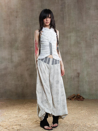 Vintage Fishbone Embellished Low Rise Wide Leg Lantern Pants