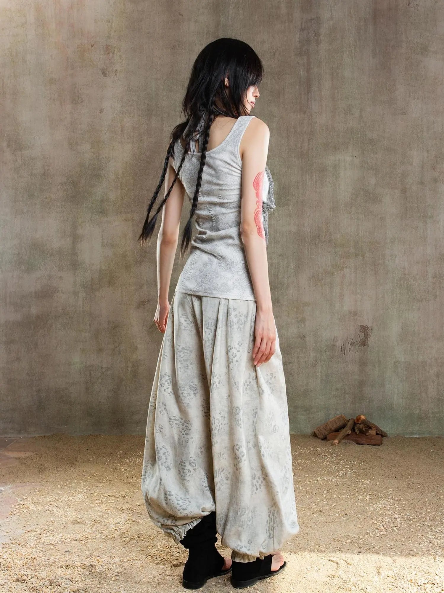 Vintage Fishbone Embellished Low Rise Wide Leg Lantern Pants