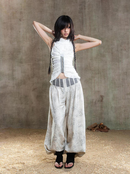 ARIADNAw Vintage Fishbone Embellished Low Rise Wide Leg Lantern Pants
