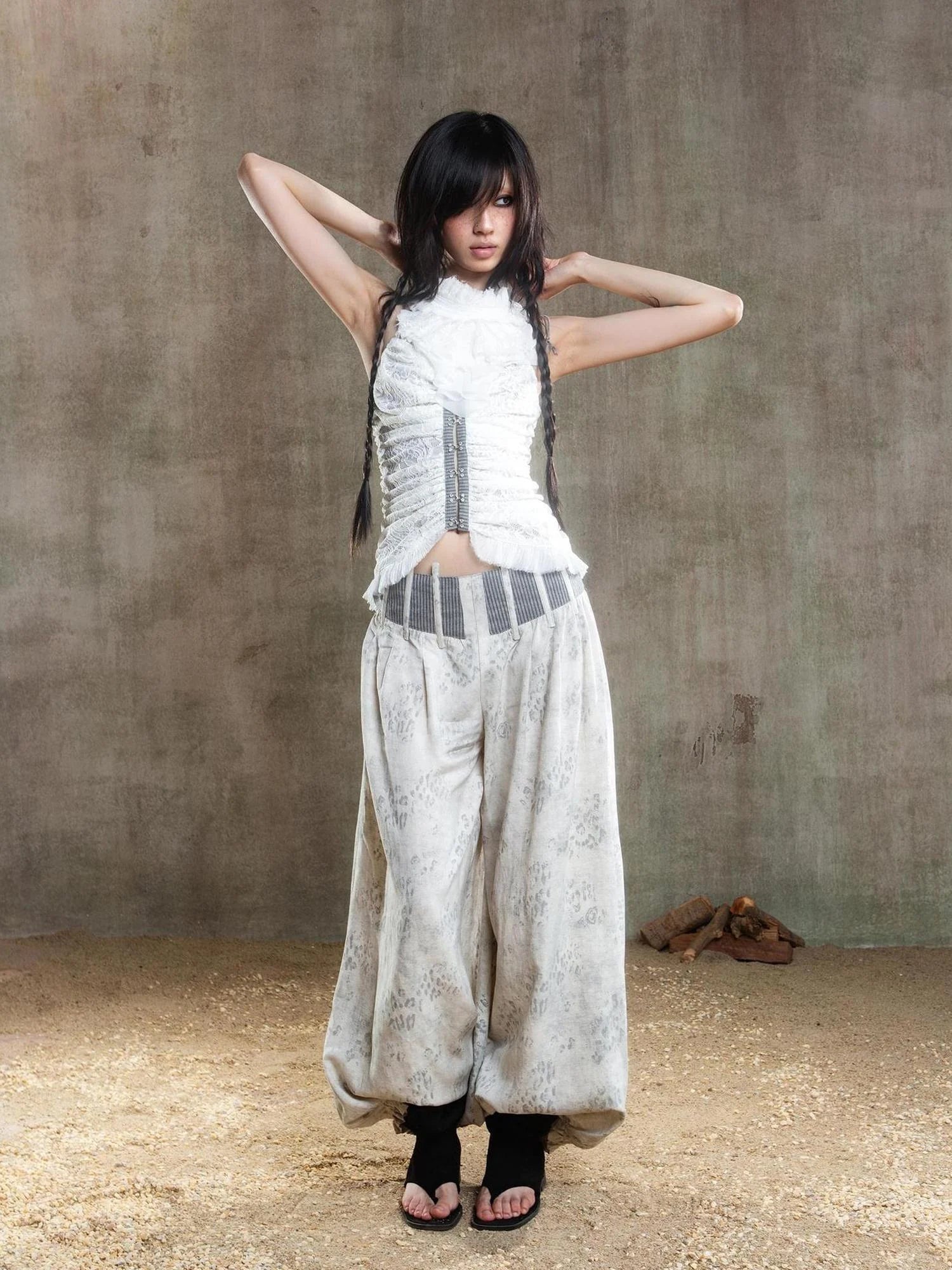 Vintage Fishbone Embellished Low Rise Wide Leg Lantern Pants